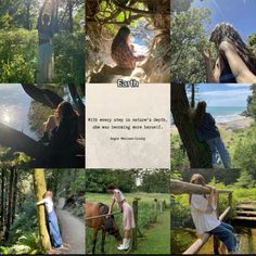 collage of photos with people and animals in the woods, one woman holding a tree branch