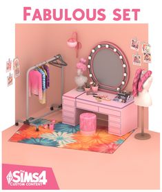 an image of a pink dressing table with mirror and stool in the corner that says fabulous set