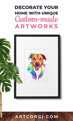 a dog's head is shown in the frame with text that reads decorate your home with unique custom - made artworks