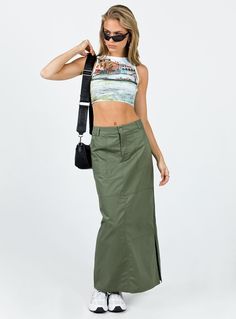 Midi skirt  Relaxed fit  Princess Polly Exclusive  100% cotton  Length of size US 4 / AU 8 waist to hem: 96cm / 37.7in  Kiana is wearing a size US 2 / AU 6    Low waist  Belt looped waist  Zip & button fastening  Twin hip pockets  Slit at side  Non-stretch  Unlined Low Waist Belt, Baby Crop Top, Pink Formal Dresses, Tank Top Outfits, Italy Outfits, Womens Maxi Skirts, Fleece Dress, Cargo Skirt, Strapless Tops