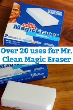 two boxes of magic eraser on top of a wooden table with the title over 20 uses for mr clean magic eraser