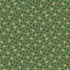 a green background with small yellow flowers and leaves on the bottom half of the image