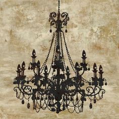 a black chandelier hanging from a ceiling in front of a beige wall with peeling paint