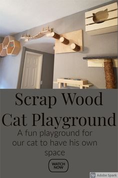 a cat playroom with the words scrap wood cat playground on it's wall