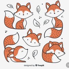 cute foxes with leaves on their heads and eyes, set of hand drawn doodles