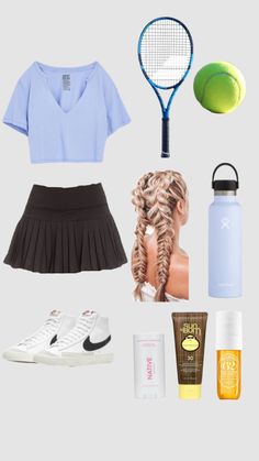 a woman's outfit with tennis racket, shoes, and other items to wear