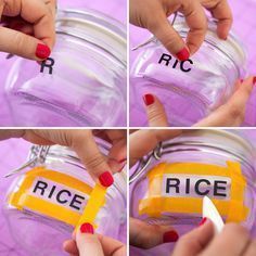 four pictures showing how to put rice in a jar with scissors and tape on it