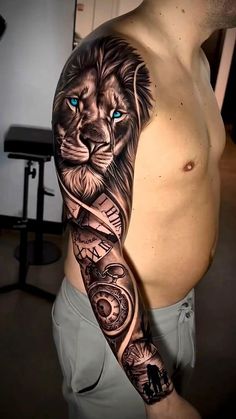 a man's arm with a tattoo on it and an image of a lion