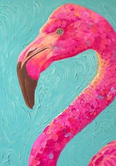 a painting of a pink flamingo on a blue background