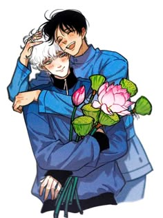 two people hugging each other with flowers in their hands