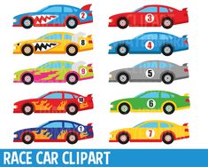 an image of race car clipart with numbers and cars in the front, on a white background