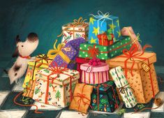 a painting of presents piled on top of each other with a dog standing next to them