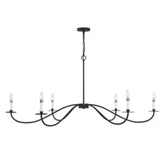 a black chandelier with six lights hanging from it's center point and five arms