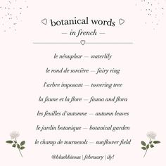 a poem written in french with flowers on the front and back cover, which reads botanical words in french