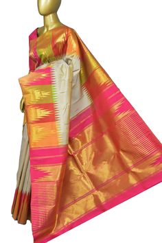 Elevate your saree collection with our dusty offwhite and multicolor pure Kanjeevaram Silk saree. Crafted with pure kanjeevaram, this saree boasts a beautiful multicolor temple border and zari weaving on the pallu. Add a touch of elegance and tradition to any occasion with this stunning piece. Color: A shade of hay and red color Technique: Amazing work of golden zari traditional weaving on the whole saree with temple border Fabric: Kanjeevaram Silk Quality: Indyvogue's Assurance of Pure Silk Mark Certified Saree White Handloom Pre-draped Saree For Diwali, White Art Silk Pre-draped Saree For Festivals, White Handloom Art Silk Pre-draped Saree, White Art Silk Dupatta With Border, White Saree With Border For Navratri, White Paithani Silk Saree For Puja, White Saree For Traditional Ceremonies And Festivals, White Paithani Silk Handloom Dupatta, White Paithani Silk Saree With Zari Weaving