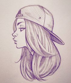 a drawing of a girl with long hair wearing a baseball cap on top of her head