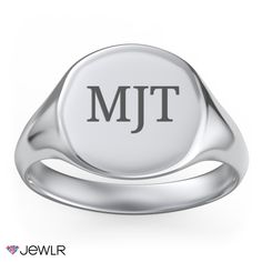 Famously known as the “gentleman’s ring,” this classic round signet ring is the perfect gift for commemorating a special occasion or event, such as a birthday, graduation, anniversary, or retirement. Personalize with an engraving on the ring’s flat surface, with the option of adding a base engraving. Customize in your choice of sterling silver or white, yellow, and rose gold. Modern Signet Ring With Engraving Option For Promise, Modern Signet Ring With Engraving Option For Gift, Timeless Classic Design Signet Ring, Oval Signet Ring With Engraving Option For Formal Occasions, Modern Domed Signet Ring As Gift, Classic Oval Engraved Ring For Formal Occasions, Modern Domed Signet Ring For Gift, Minimalist Formal Initial Ring Engraved, Elegant Formal Initial Ring With Engraving Option