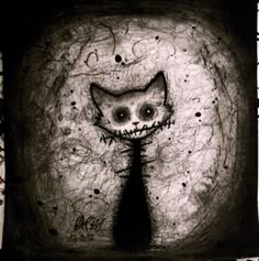 a black and white drawing of a cat with big eyes