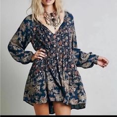 Free People Lucky Loosey Dress New With Tags From Smoke Free Home Size Medium Approximate Flat Lay Measurements Armpit To Armpit 19” Shoulder To Hem 35” Boho Swing Flirty Indigo Floral Casual Coachella Cottagecore Beach Vacay Cruise Spring Summer Flip Flops Fall Winter Boots Leggings Chunky Sweater Blue Boho Beach Dress For Fall, Blue V-neck Boho Dress For Fall, Fall Blue V-neck Boho Dress, Casual Blue Boho Dress For Fall, Blue Bohemian Dress For Fall, Casual Long Sleeve Boho Dress With Floral Print, Blue Long Sleeve Mini Dress With Boho Print, Blue Mini Boho Dress With Boho Print, Blue Boho Print Dress For Fall