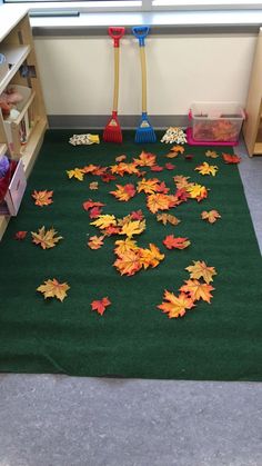 a green rug with leaves on it in front of a window and toy bins