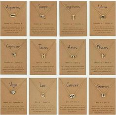 twelve zodiac necklaces with names and symbols on them