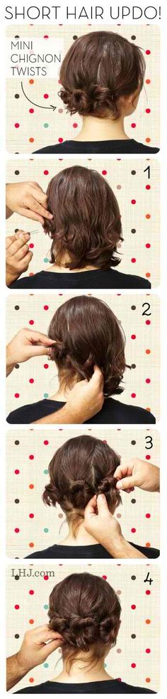 Who says short hair can't have that updo look? #shorthair #updo #diy #tutorial Twists For Short Hair, Updos For Short Hair, Short Hair Twist Styles, Mini Bun, Short Hair Up, Peinados Recogidos, Bun Hair, Hair Medium, Penteado Cabelo Curto