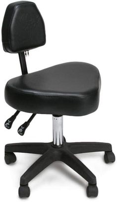 an office chair with wheels on the back and seat upholstered in black leather