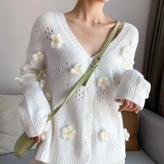 3D Flower Hollow Out Knitted Cardigan – Tomscloth Knit Floral Print Cardigan, Winter Floral Print Knit Cardigan, White Knitted Cardigan For Spring, White Knit Cardigan For Spring, White Floral Print Casual Cardigan, Casual White Floral Print Cardigan, Mha Dr, Dr Wardrobe, Cardigan Y2k