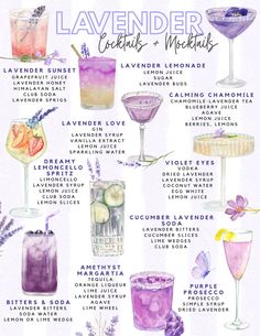 the lavender cocktail recipe is shown in purple and white, with different drinks to choose from