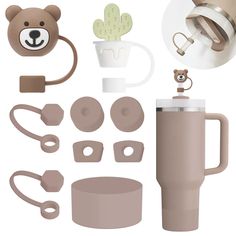 various objects are arranged in the shape of a teddy bear, mug, and other items