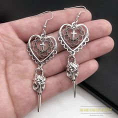 Gothic Heart Cross Bird Skull Earrings Jewelry Design Dark Art Goth Aesthetic Dangle Earrings For Alternative Girl Punk Gifts Alternative Girl, Gothic Heart, Body Decor, Gothic Chic, Girl Punk, Goth Earrings, Gothic Earrings, Kawaii Jewelry, Bird Skull