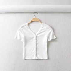 Rib Lace Trimmed V Neck Button Down Crop Top Tee Shirt – sunifty Cotton V-neck T-shirt With Button Closure, White V-neck T-shirt With Button Closure, Spring V-neck T-shirt With Button Closure, White Fitted T-shirt With Button Closure, White Button Up Crop Top, Button Down Crop Top, Button Crop Top, Crop Top Tees, White Button Up