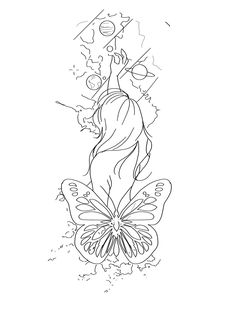 a black and white drawing of a woman with a butterfly on her back, flying through the air