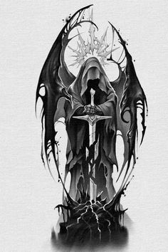 Creepy Tattoo Ideas Dark Art, Angel Demon Tattoo, Dragon Tattoo Leg, Dark Angel Tattoo, Grim Reaper Drawing, Dragon Tattoo Drawing, Arm Tattoos Drawing, Animal Sleeve Tattoo