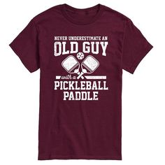 an old guy with a pickleball paddle t - shirt in maroon and white