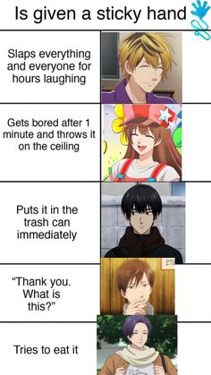 four different anime characters are shown in the same grid, one is saying it's okay