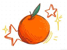 an orange with a green leaf on it and stars in the sky around it, drawn by colored pencils