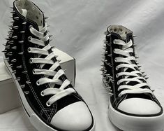 Spiked Converse Chuck Taylor Shoes - Etsy Casual Custom Sneakers With Spikes And Round Toe, Casual Custom Sneakers With Spikes For Streetwear, Casual Custom Spiked Lace-up Sneakers, Casual Custom Lace-up Sneakers With Spikes, Spiked Converse, Spiked Shoes, Metal Shoes, Chuck Taylor Shoes, Spike Shoes