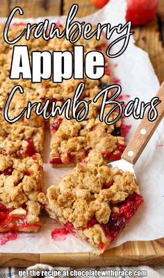 cranberry apple crumble bars on a cutting board