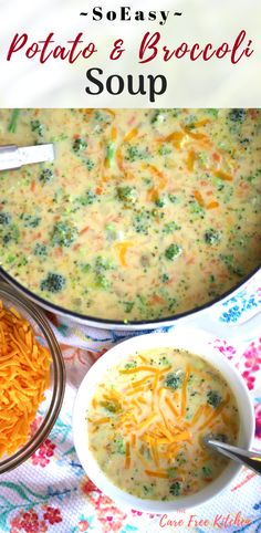 broccoli and cheese soup in a pot with spoons on the side next to it