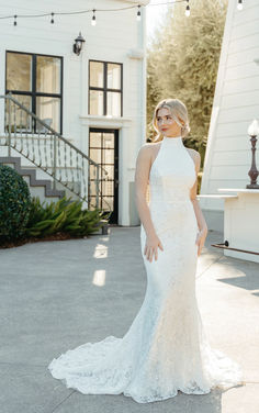 Stella York 7954 Wedding Dress Exclusively at The Wedding Studio Bridal Boutique in Greenwood, Indiana Halterneck Wedding Dress, Halter Wedding Gown, Glamorous Wedding Gowns, Stella York Style, Column Wedding Dress, Sheer Wedding Dress