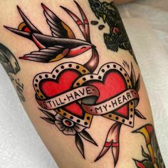 a heart with two birds on it and the words till have my heart tattooed on it