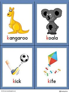 four different pictures of animals and their names in the same language, including kangaroo, koala, giraffe, kite