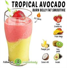 the tropical smoothie is in a tall glass with strawberries and kiwis