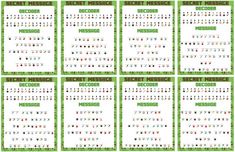 a green calendar with numbers and symbols for each month