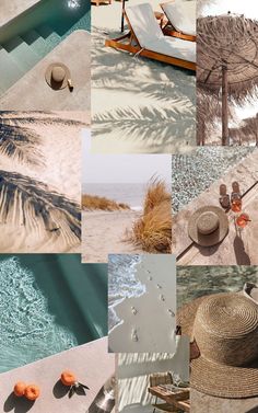 a collage of photos with hats, beach chairs and palm trees