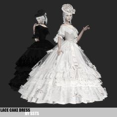 an image of two women in dresses on a black background with the caption lace cake dress by stss