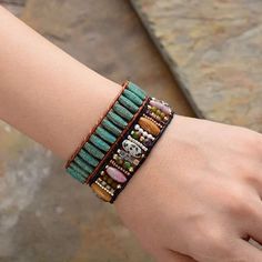 Stone Leather Bracelet-Assorted Colors Semi Precious Stone, Cuff Bangles, Boho Bracelets, Leather Wraps, Semiprecious Stones, Wrap Bracelet, Semi Precious, Leather Bracelet, Onyx