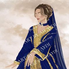 a painting of a woman wearing a blue and gold dress with her hands on her hips