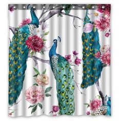 two peacocks sitting on a tree branch with flowers in the background shower curtain set